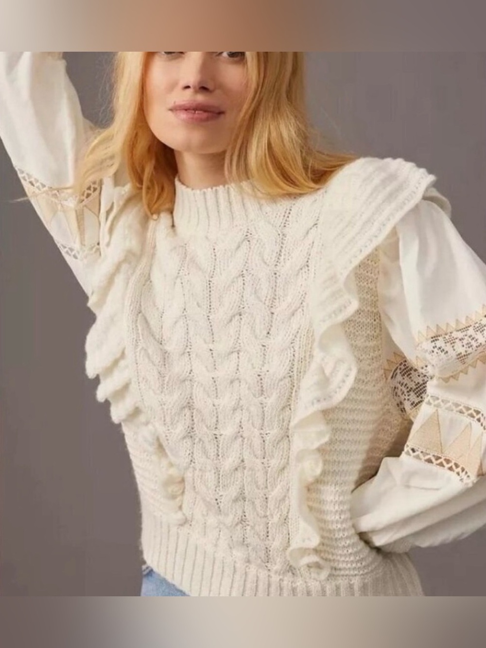 Anthropologie Women’s Cable Knit Ruffle Puff Sleeve Sweater Size Large